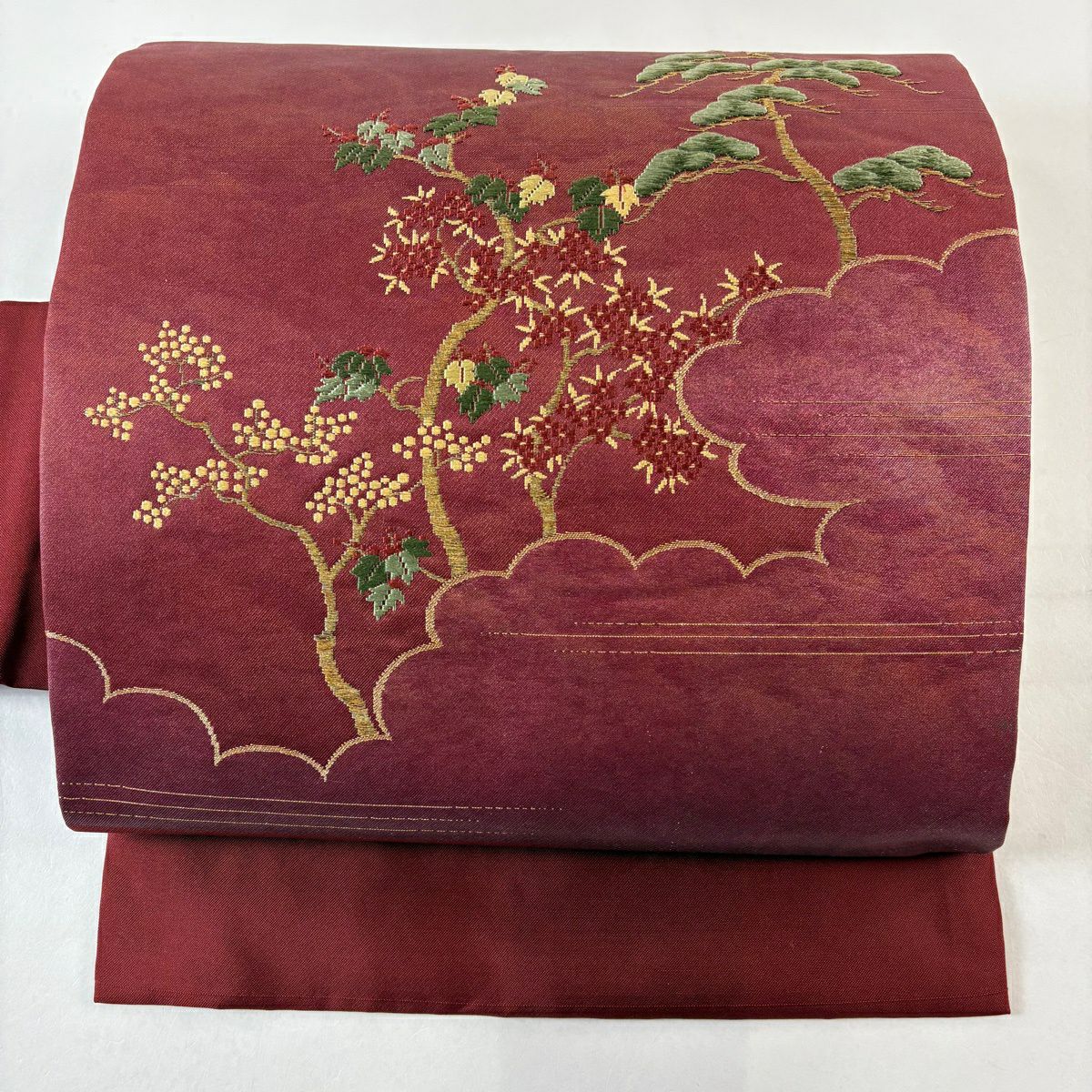 名古屋帶 優品級 松樹 雲紋 金絲 金金箔 深紅 純蠶絲
