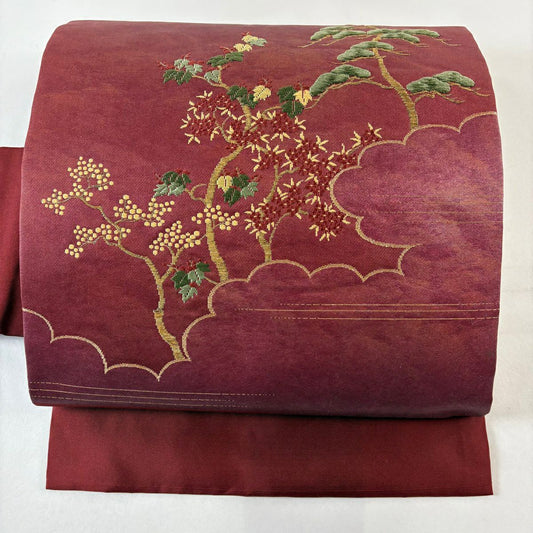 名古屋帶 優品級 松樹 雲紋 金絲 金金箔 深紅 純蠶絲