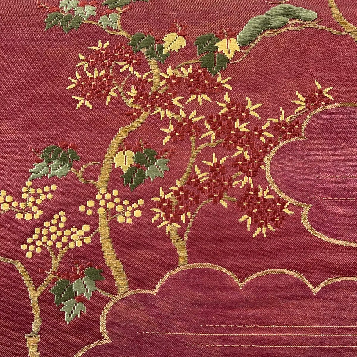 名古屋帶 優品級 松樹 雲紋 金絲 金金箔 深紅 純蠶絲
