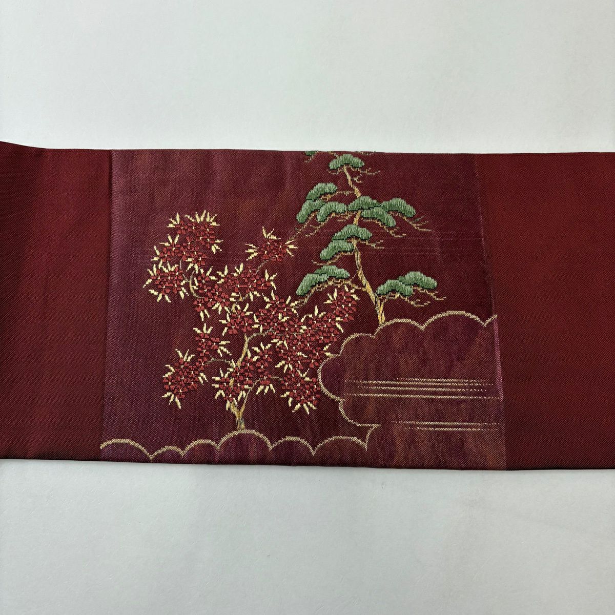名古屋帶 優品級 松樹 雲紋 金絲 金金箔 深紅 純蠶絲