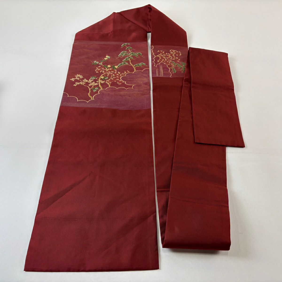 名古屋帶 優品級 松樹 雲紋 金絲 金金箔 深紅 純蠶絲