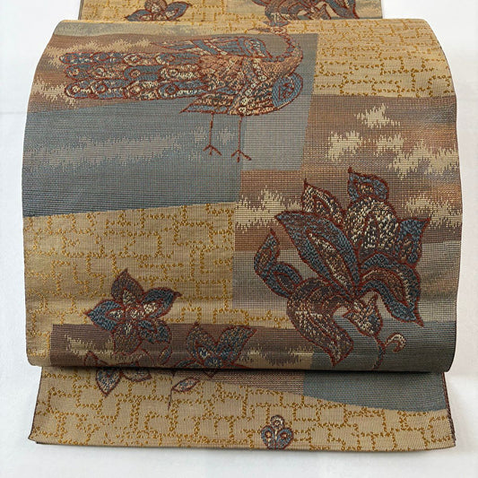 【美品】名古屋帶 優品級 八寸名古屋帶 鳥 草花紋紋 金金箔 淺茶 純蠶絲