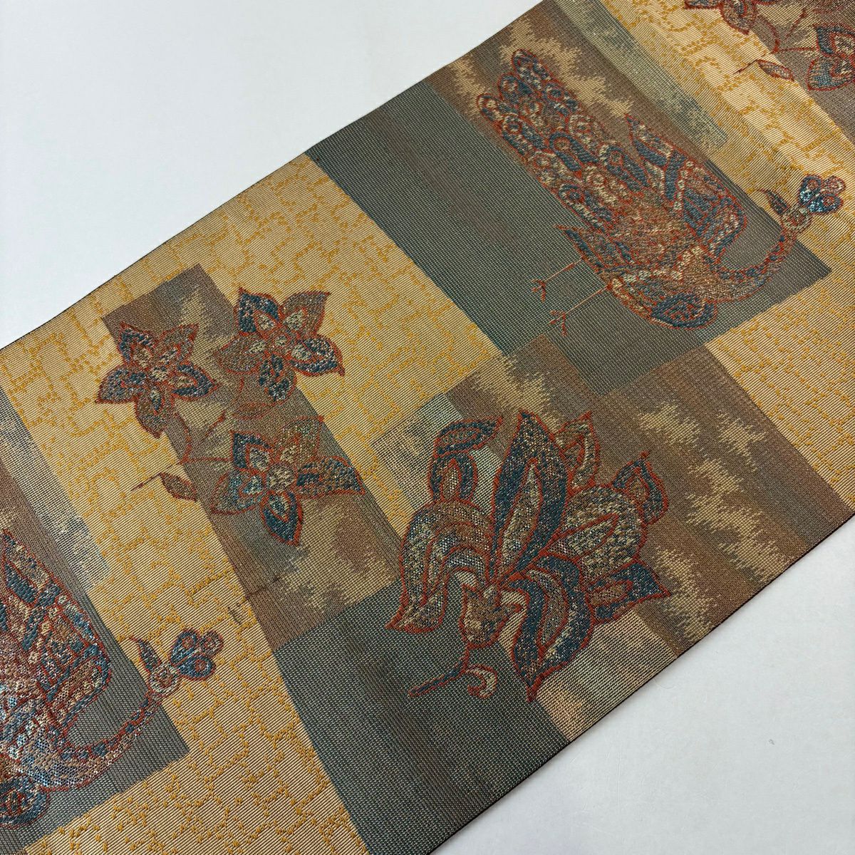 【美品】名古屋帶 優品級 八寸名古屋帶 鳥 草花紋紋 金金箔 淺茶 純蠶絲