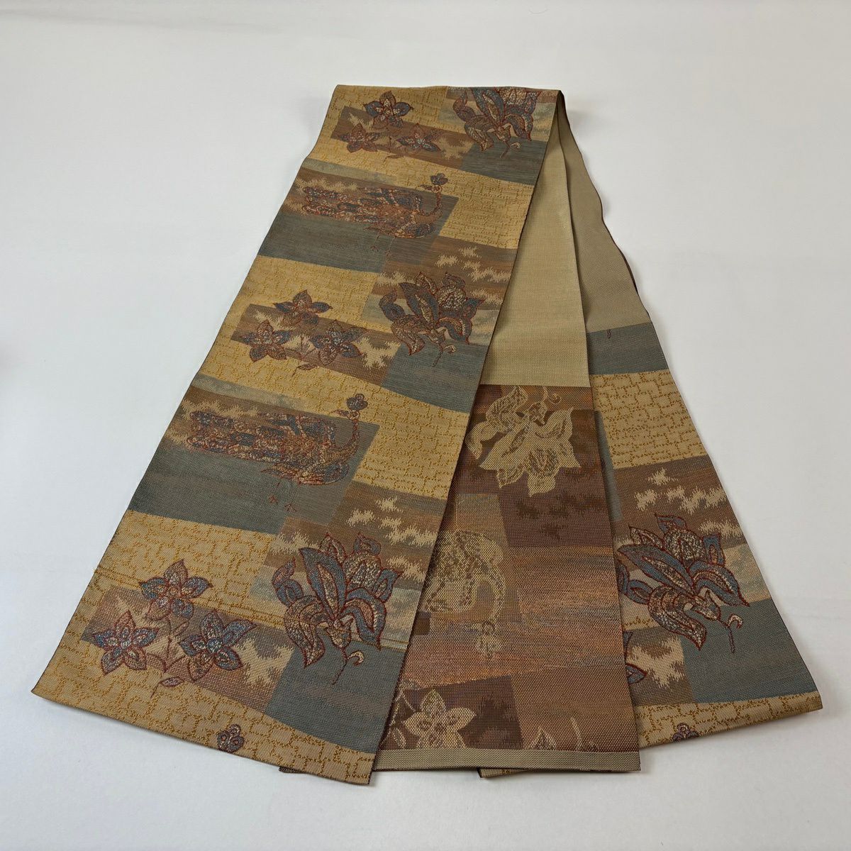 【美品】名古屋帶 優品級 八寸名古屋帶 鳥 草花紋紋 金金箔 淺茶 純蠶絲