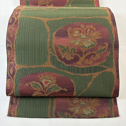 【美品】 名古屋帶 優品級 綠 純蠶絲