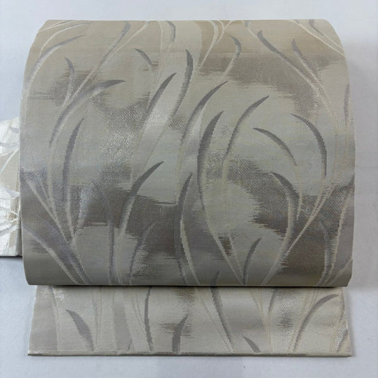 名古屋帶 優品級 葉 金金箔 灰白 純蠶絲