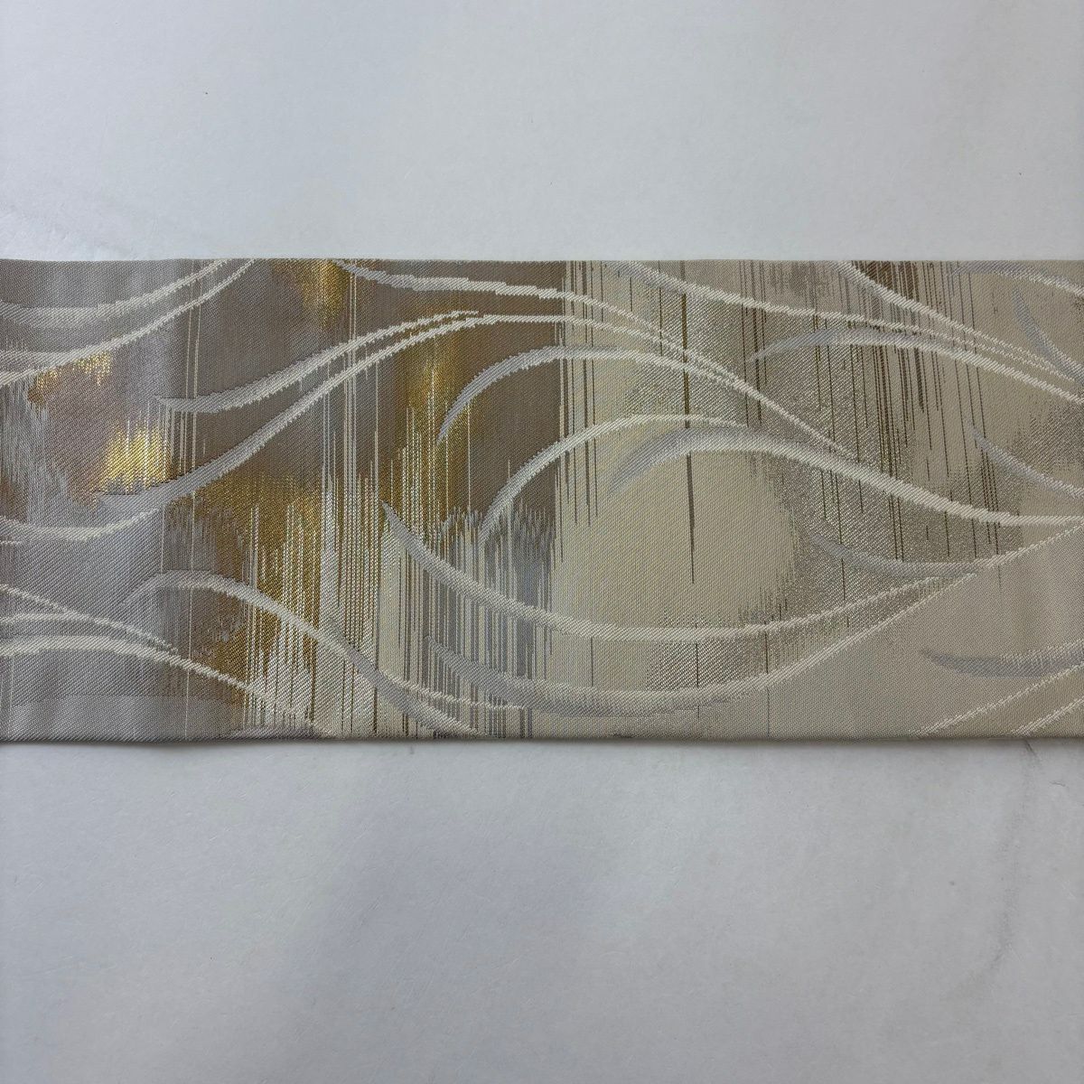 名古屋帶 優品級 葉 金金箔 灰白 純蠶絲