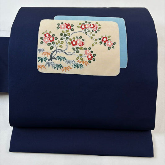【美品】名古屋帶 優品級 椿 草花紋紋 深藍 純蠶絲