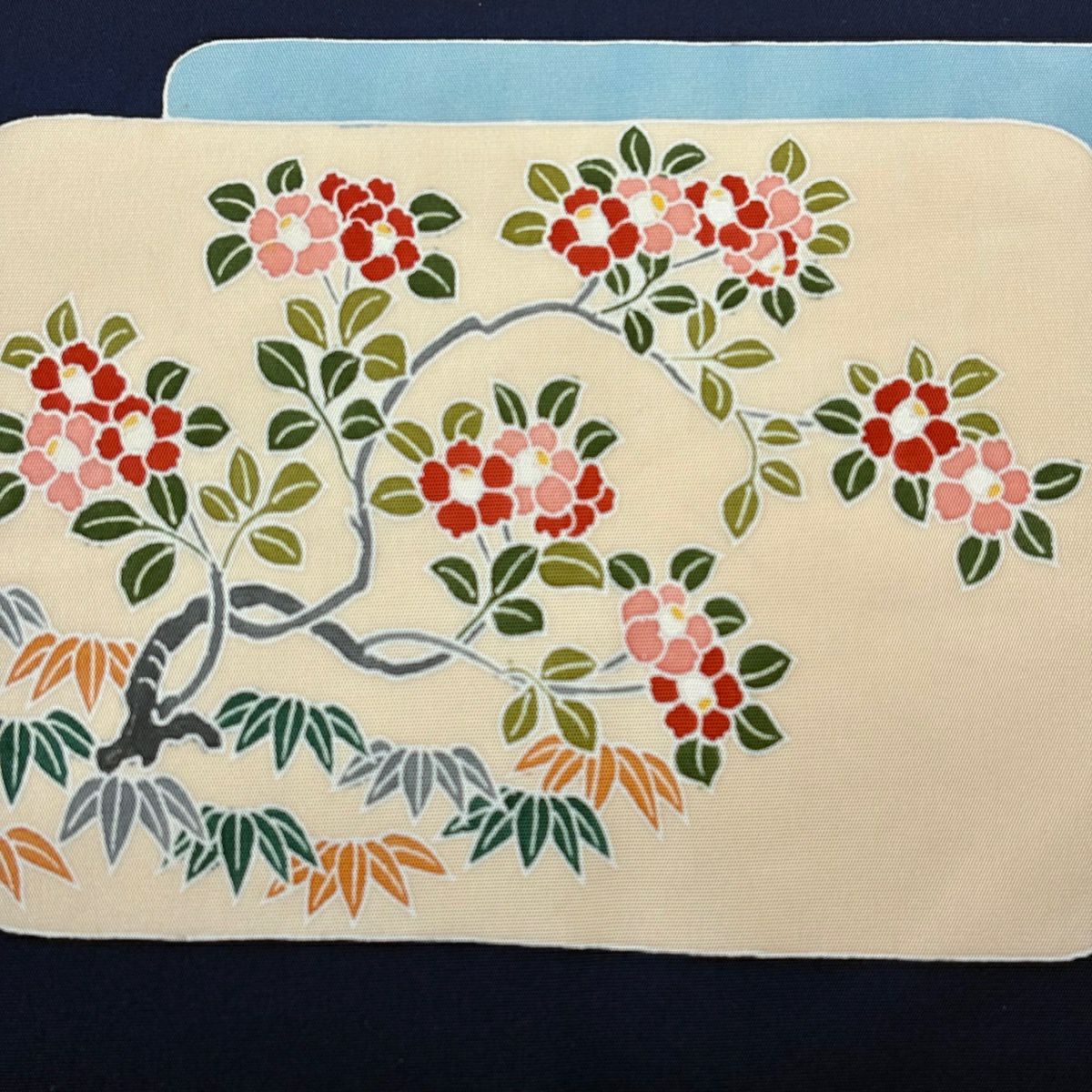 【美品】名古屋帶 優品級 椿 草花紋紋 深藍 純蠶絲