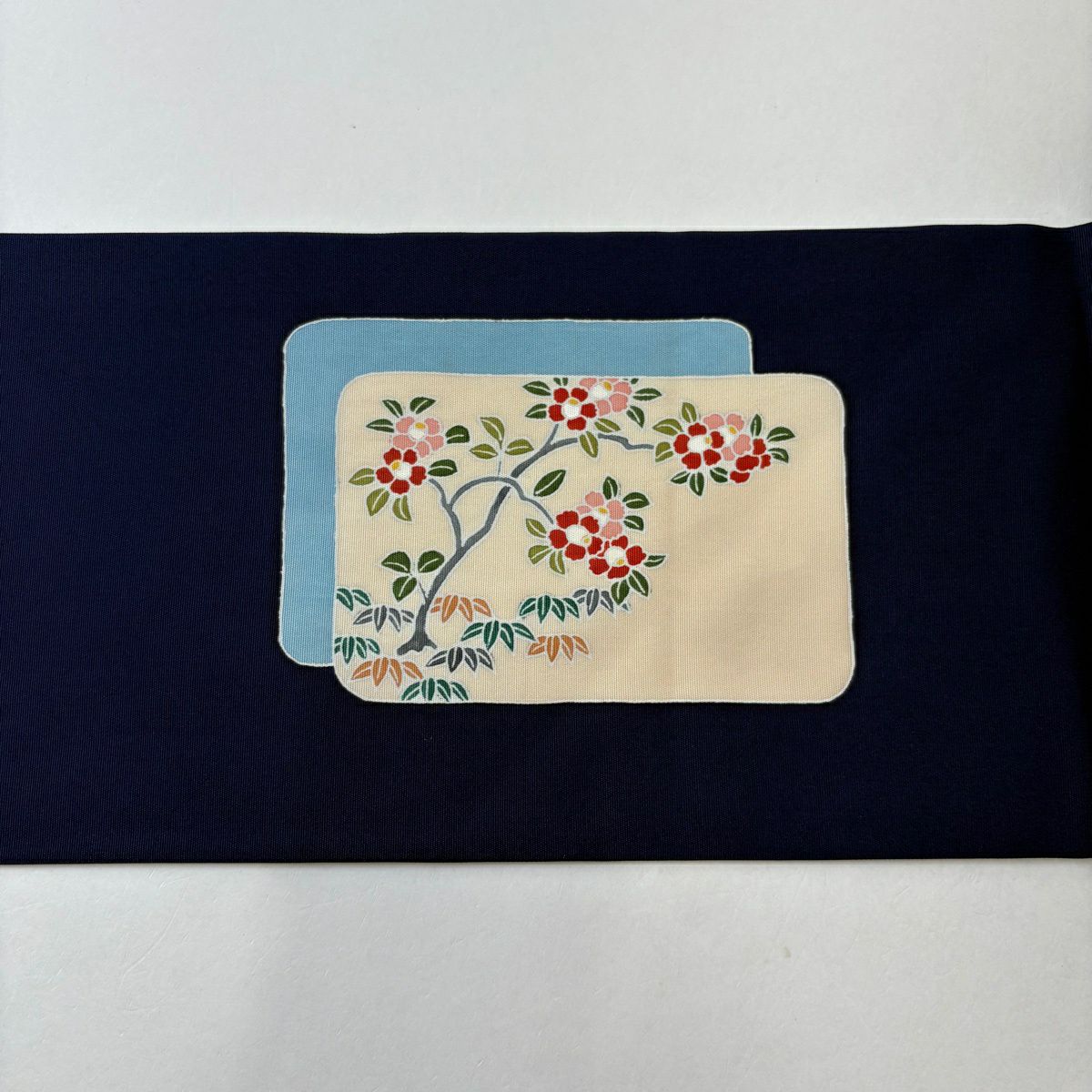【美品】名古屋帶 優品級 椿 草花紋紋 深藍 純蠶絲