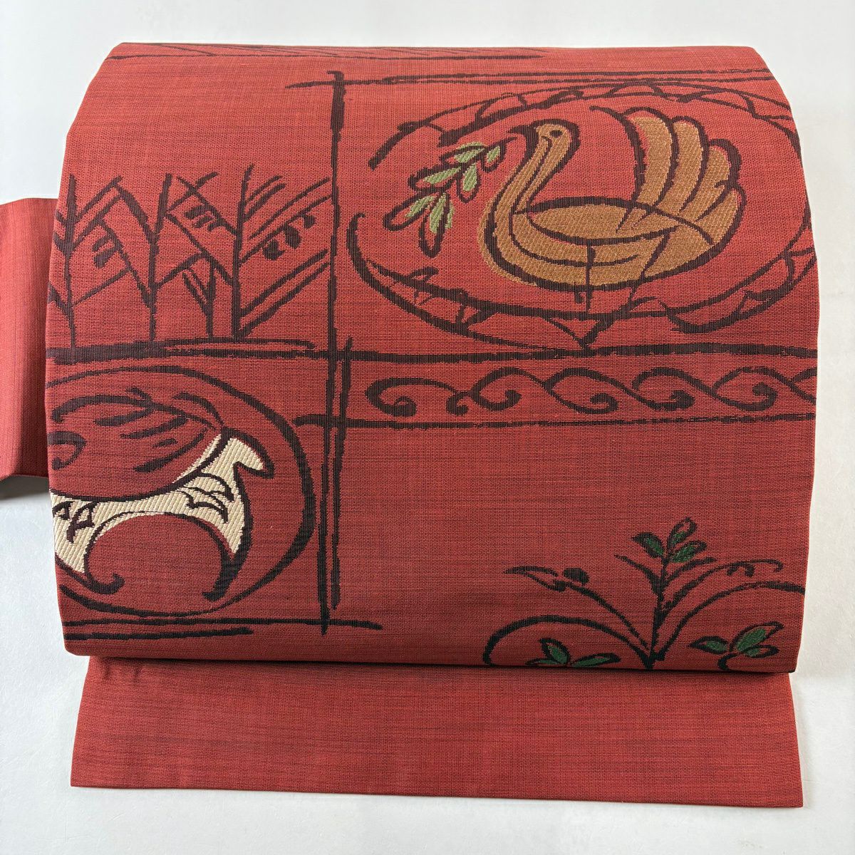 【美品】 名古屋帶 優品級 鳥 葉 紅茶 純蠶絲