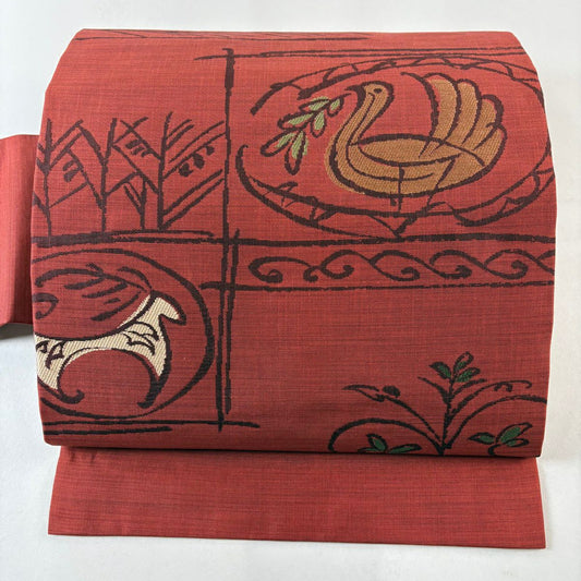 【美品】 名古屋帶 優品級 鳥 葉 紅茶 純蠶絲