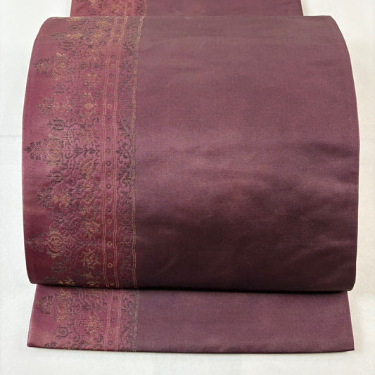 【美品】 袋帶 名古屋帶 優品級 花唐草紋 縞 金金箔 紫 純蠶絲