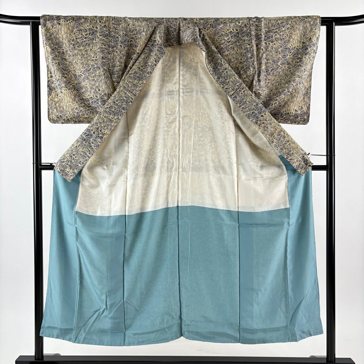 【美品】 小紋 身長152cm 袖長62cm S 雙層 松樹 青紫 純蠶絲 優品級