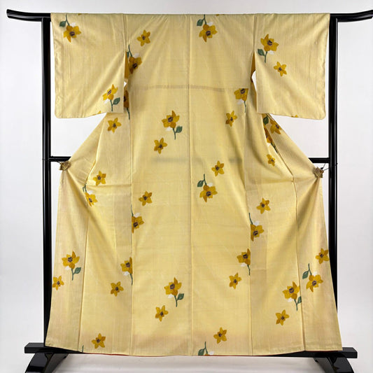 【美品】 紬織 身長160cm 袖長62.5cm S 雙層 花紋 黃色 純蠶絲 優品級