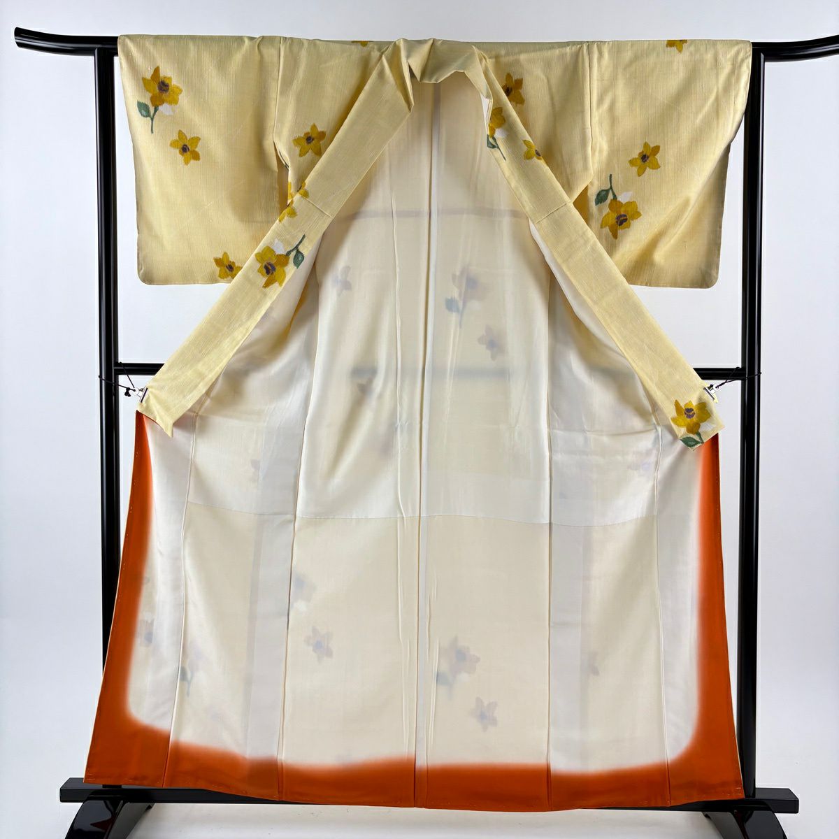 【美品】 紬織 身長160cm 袖長62.5cm S 雙層 花紋 黃色 純蠶絲 優品級