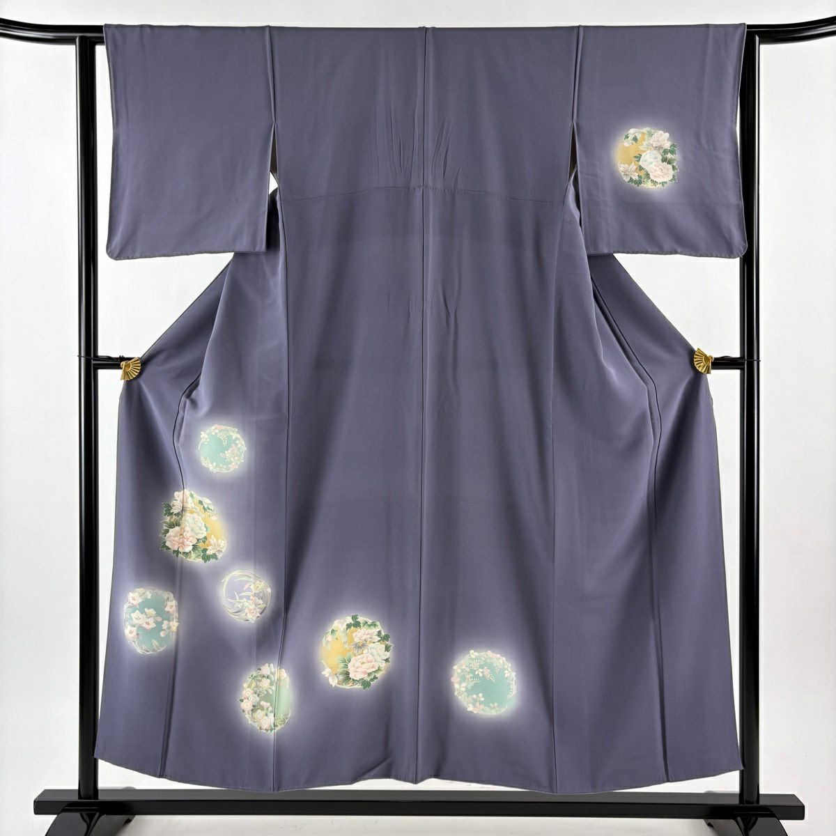 付下 身長152cm 袖長62.5cm S 雙層 花丸紋 刺繡 金彩裝飾 灰紫 純蠶絲 優品級