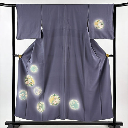 付下 身長152cm 袖長62.5cm S 雙層 花丸紋 刺繡 金彩裝飾 灰紫 純蠶絲 優品級
