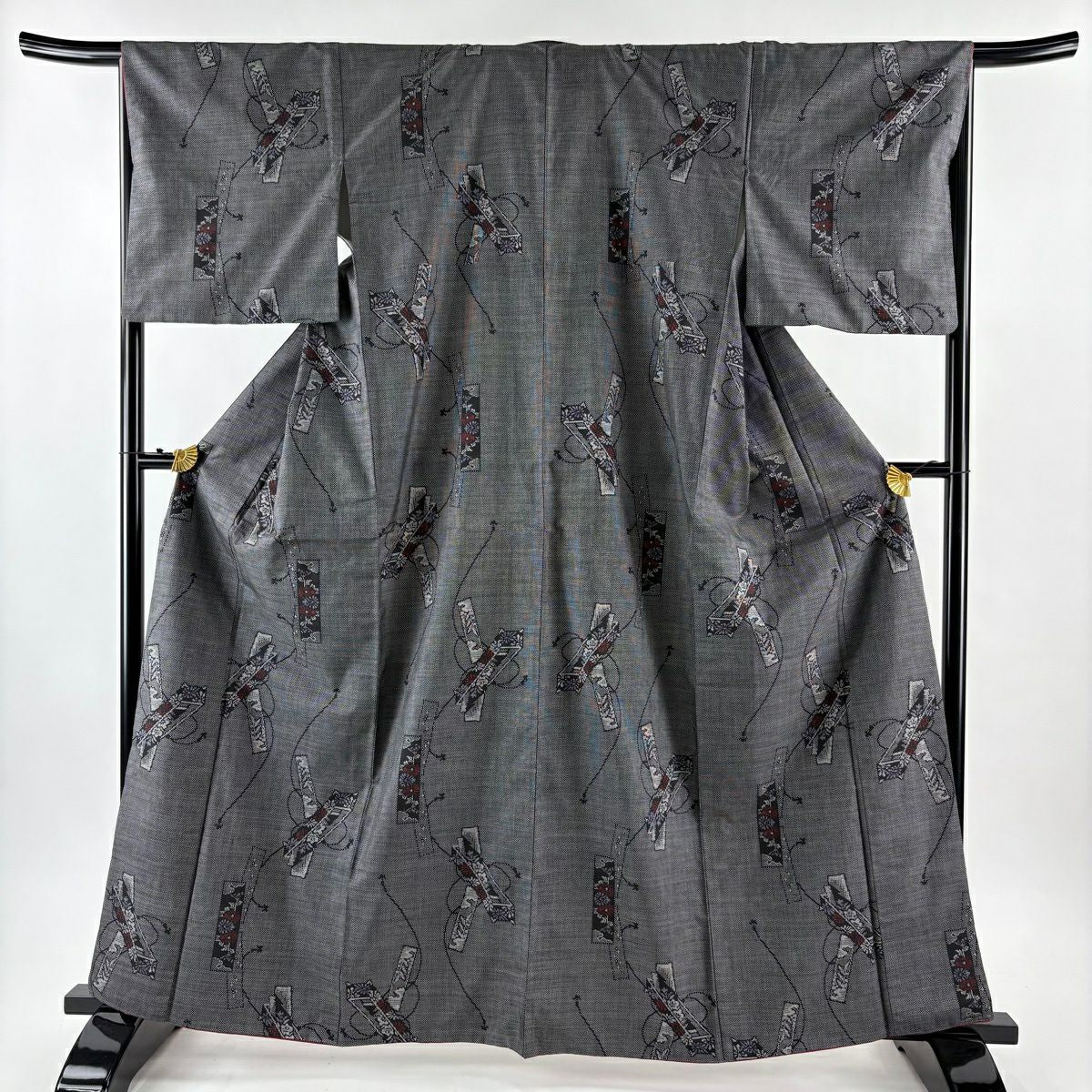【美品】 紬織 身長163cm 袖長66cm M 雙層 草花紋紋 短冊 黑灰 純蠶絲 優品級