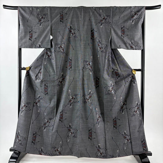 【美品】 紬織 身長163cm 袖長66cm M 雙層 草花紋紋 短冊 黑灰 純蠶絲 優品級