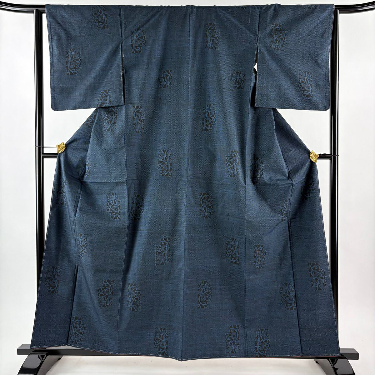 【美品】 紬織 身長160.5cm 袖長63cm S 雙層 花唐草紋 深藍 純蠶絲 優品級