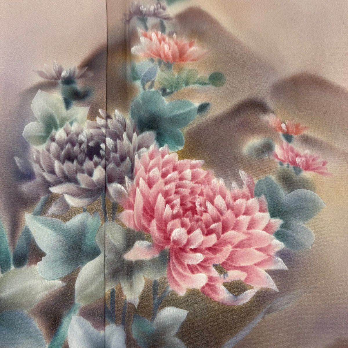 【美品】 付下 身長156cm 袖長63cm S 雙層 菊花 花紋 漸層 粉色 純蠶絲 優品級