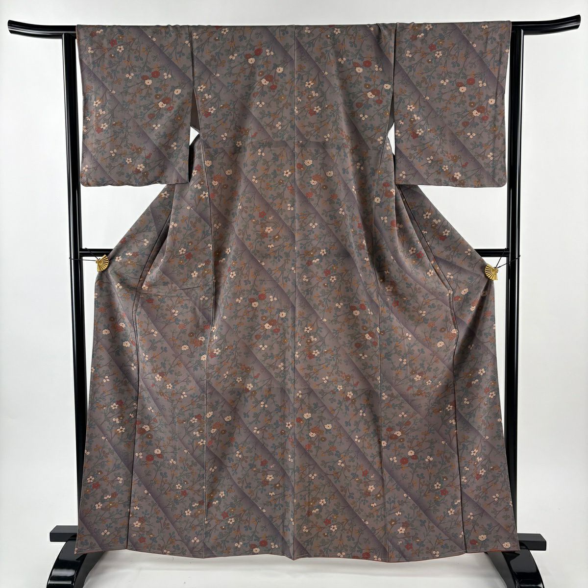 【美品】 小紋 身長163.5cm 袖長63.5cm S 雙層 可洗和服 枝花 茶紫 化纖 優品級