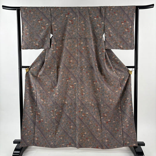 【美品】 小紋 身長163.5cm 袖長63.5cm S 雙層 可洗和服 枝花 茶紫 化纖 優品級