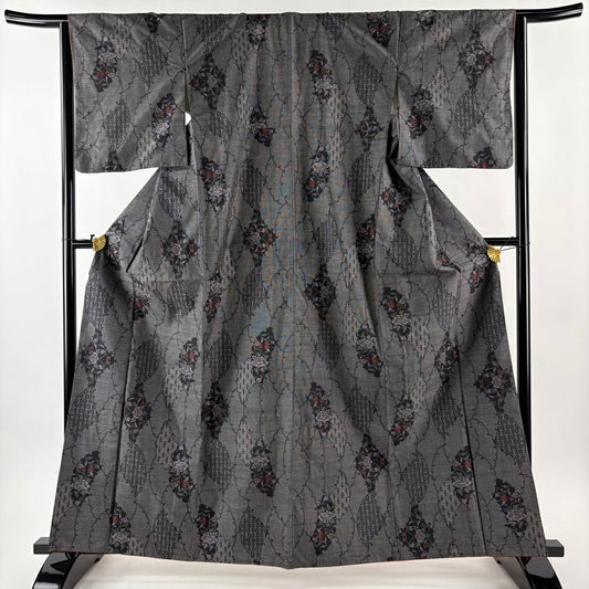 【美品】 大島紬織 身長163cm 袖長63.5cm S 雙層 鈕扣領 證書齊全 雪輪 草花紋紋 墨色 純蠶絲 優品級