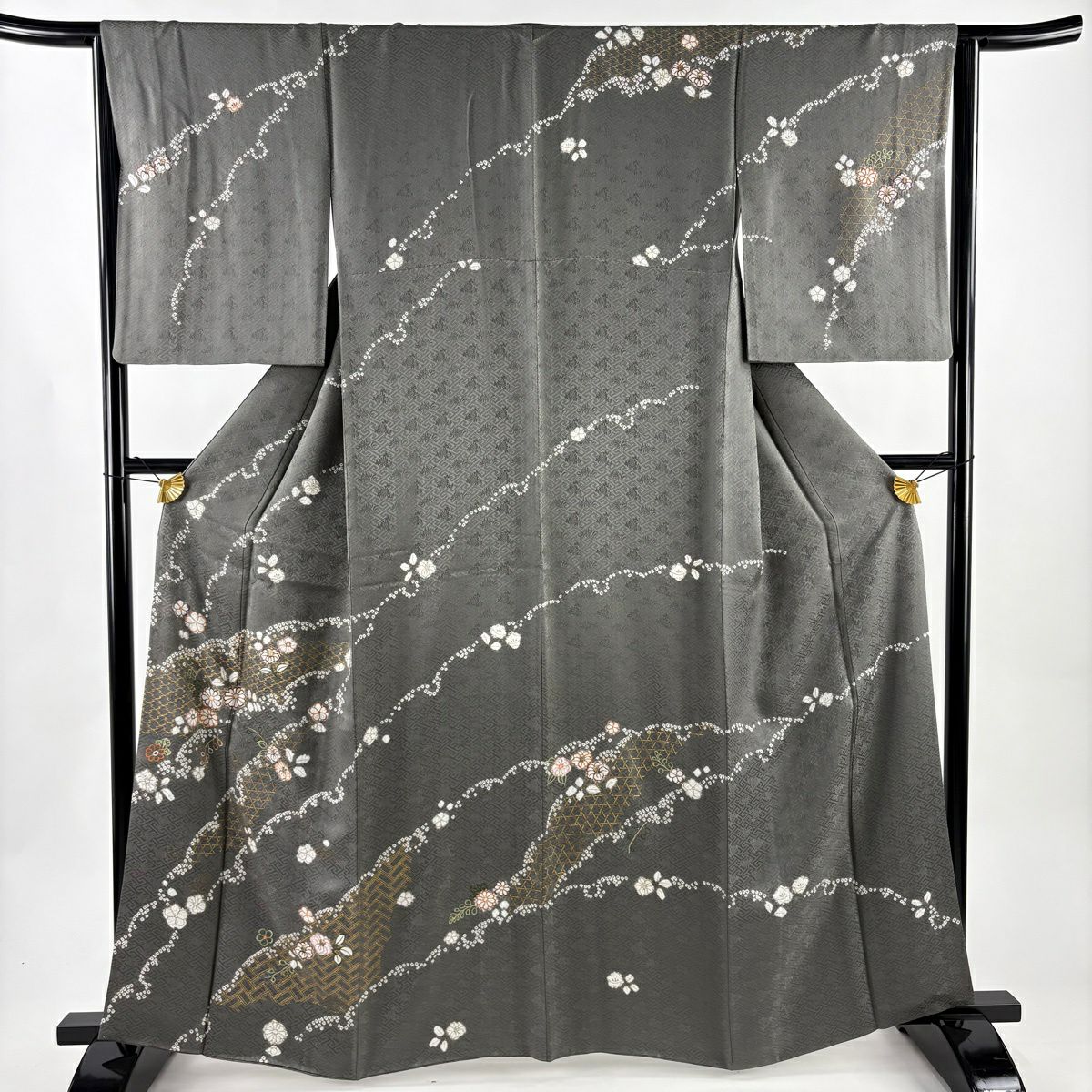 訪問服 身長163cm 袖長65.5cm M 雙層 草花紋紋 有職文樣 絞染 刺繡 灰 純蠶絲 名品級
