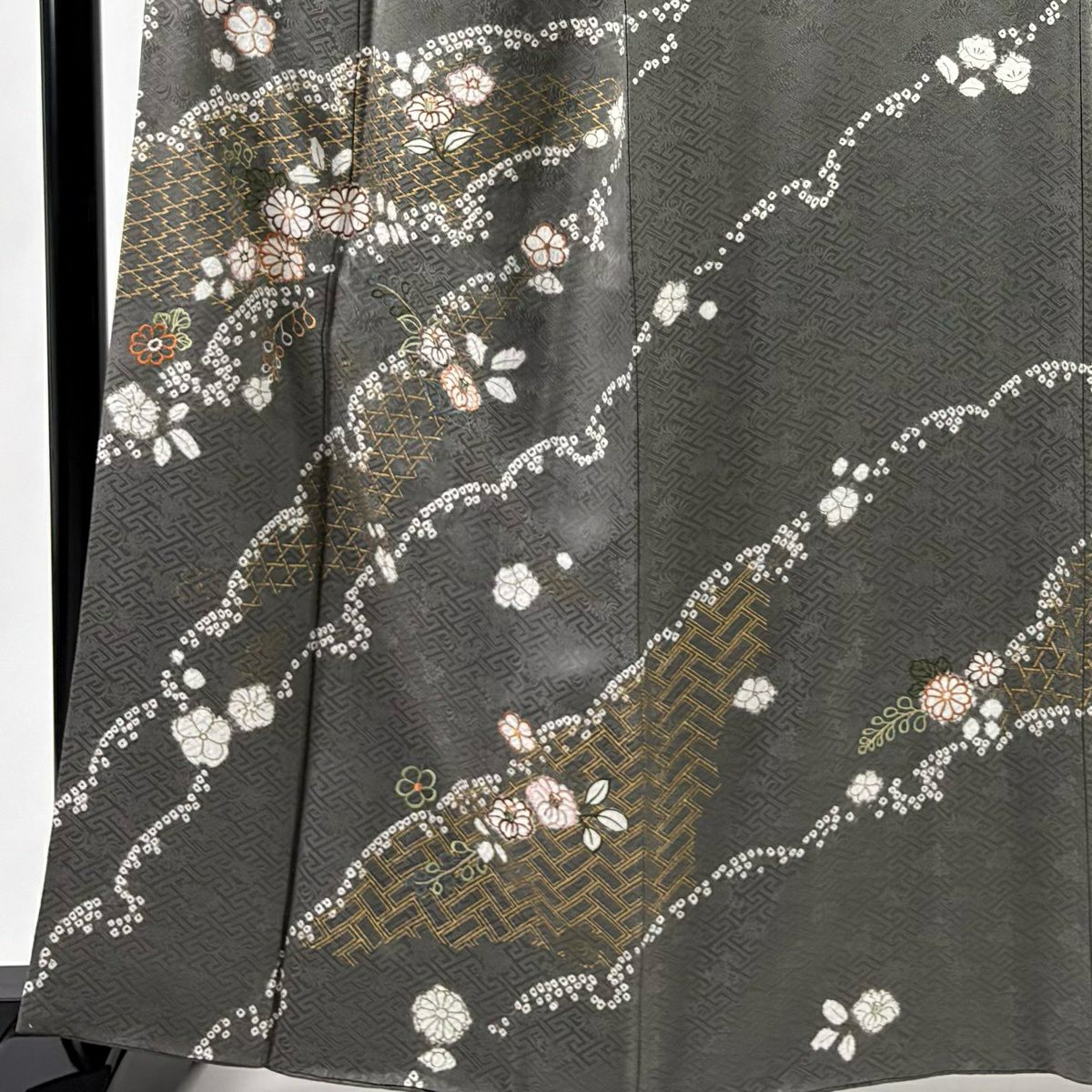訪問服 身長163cm 袖長65.5cm M 雙層 草花紋紋 有職文樣 絞染 刺繡 灰 純蠶絲 名品級