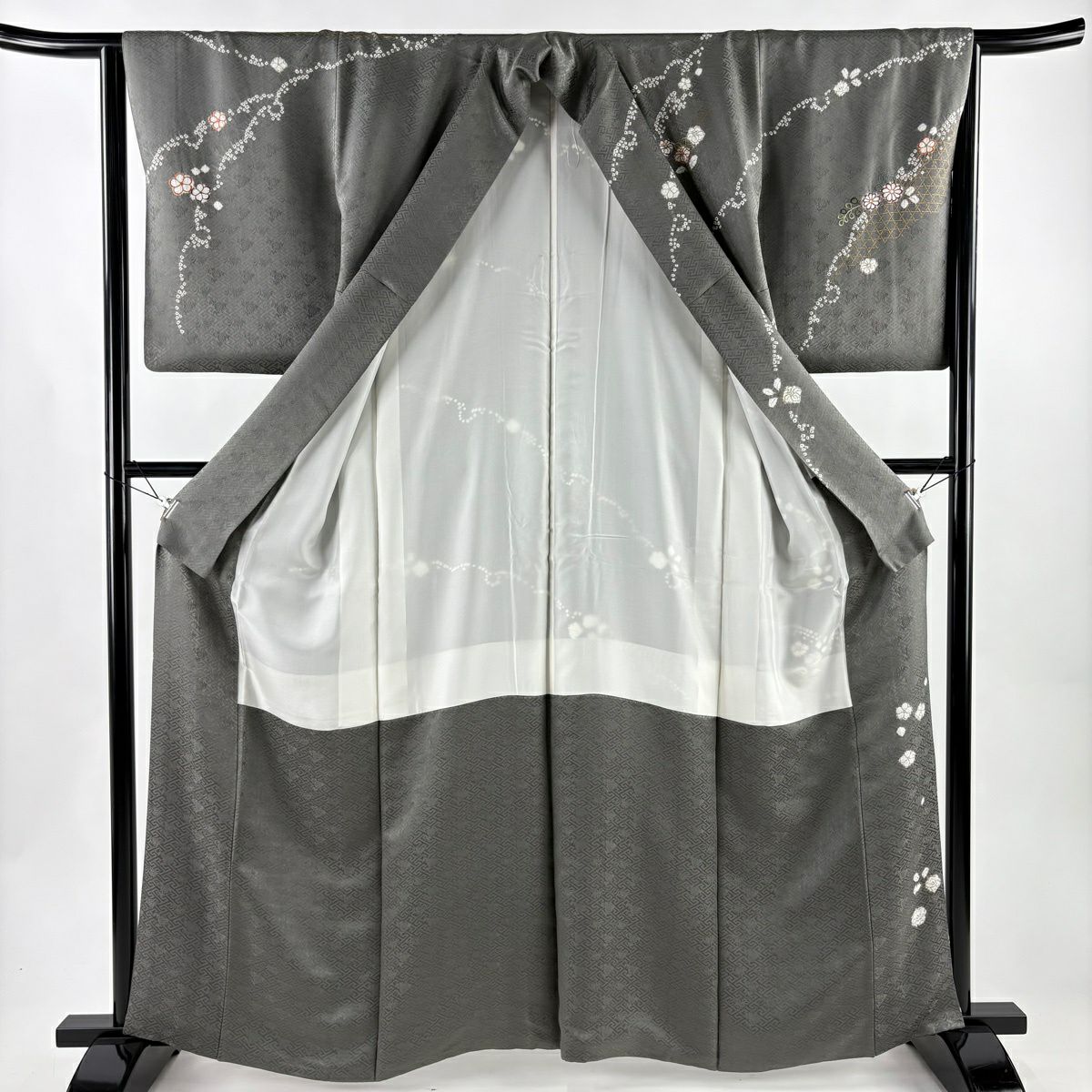 訪問服 身長163cm 袖長65.5cm M 雙層 草花紋紋 有職文樣 絞染 刺繡 灰 純蠶絲 名品級