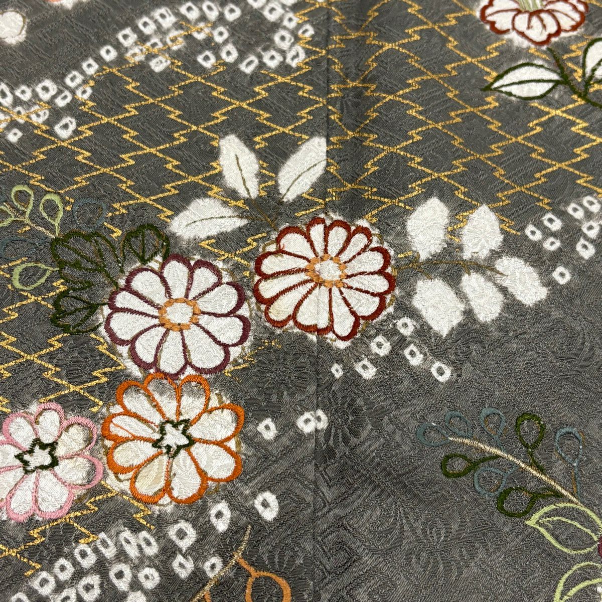 訪問服 身長163cm 袖長65.5cm M 雙層 草花紋紋 有職文樣 絞染 刺繡 灰 純蠶絲 名品級
