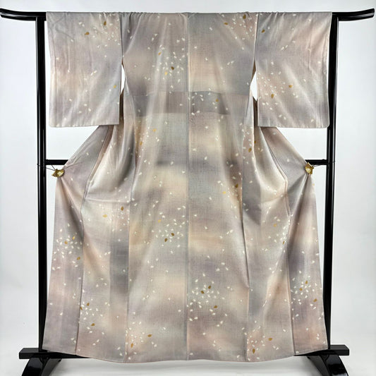 小紋 身長161.5cm 袖長64cm M 雙層 紬織織 樱花花瓣 金彩裝飾 漸層 淺粉色 純蠶絲 名品級