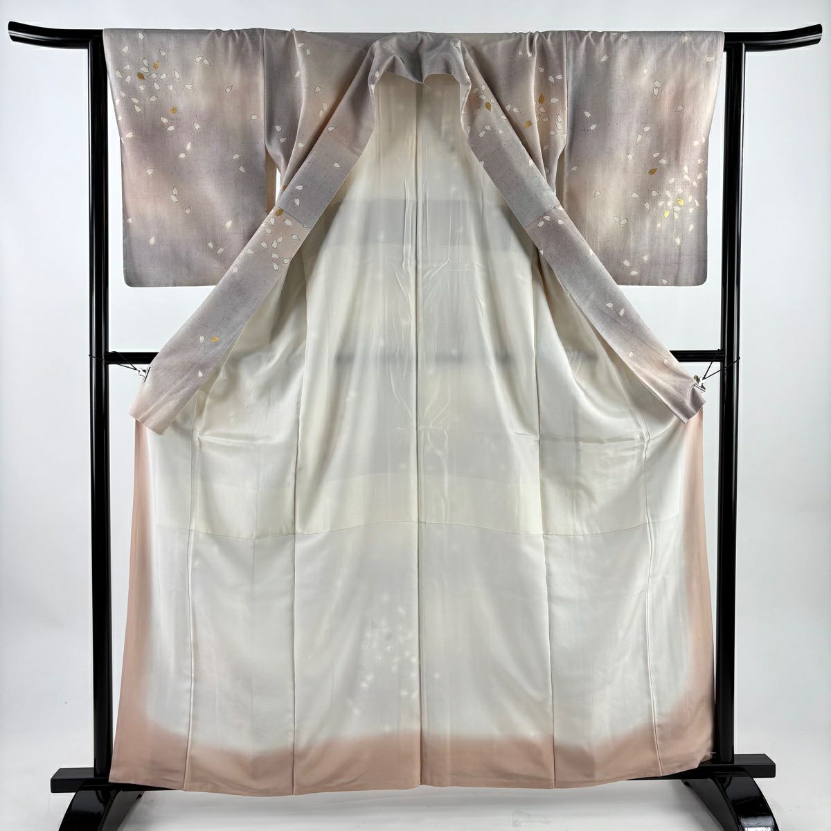 小紋 身長161.5cm 袖長64cm M 雙層 紬織織 樱花花瓣 金彩裝飾 漸層 淺粉色 純蠶絲 名品級