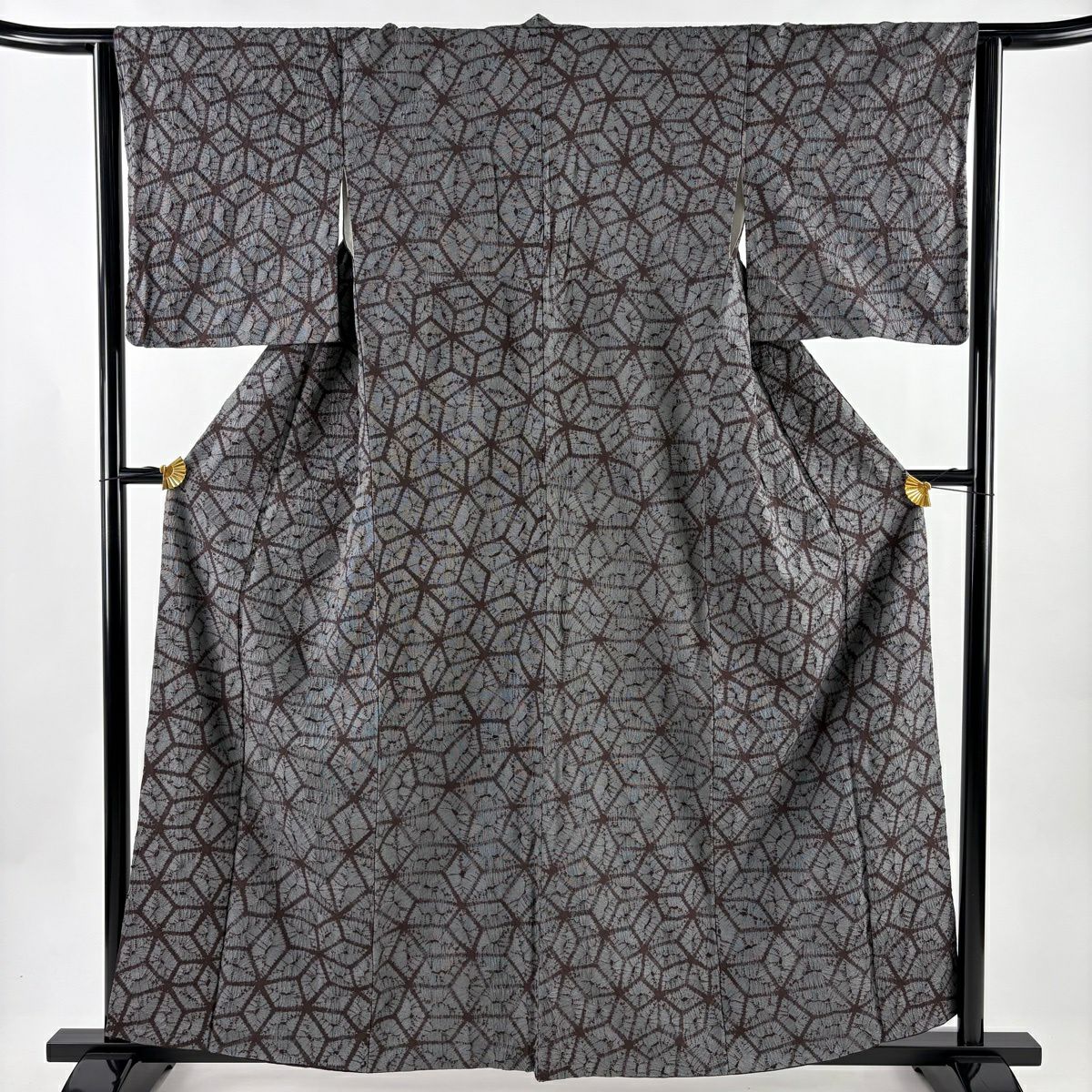【美品】 小紋 身長159.5cm 袖長63cm S 雙層 麻葉 絞染 灰色 純蠶絲 名品級
