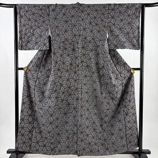 【美品】 小紋 身長159.5cm 袖長63cm S 雙層 麻葉 絞染 灰色 純蠶絲 名品級