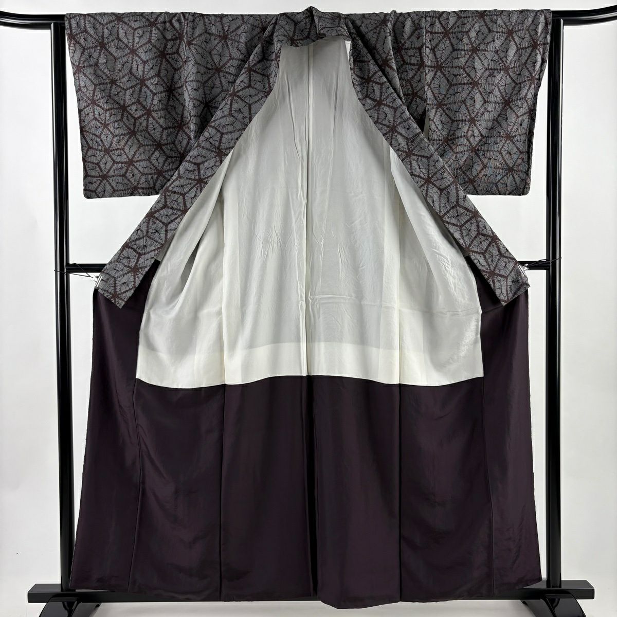 【美品】 小紋 身長159.5cm 袖長63cm S 雙層 麻葉 絞染 灰色 純蠶絲 名品級