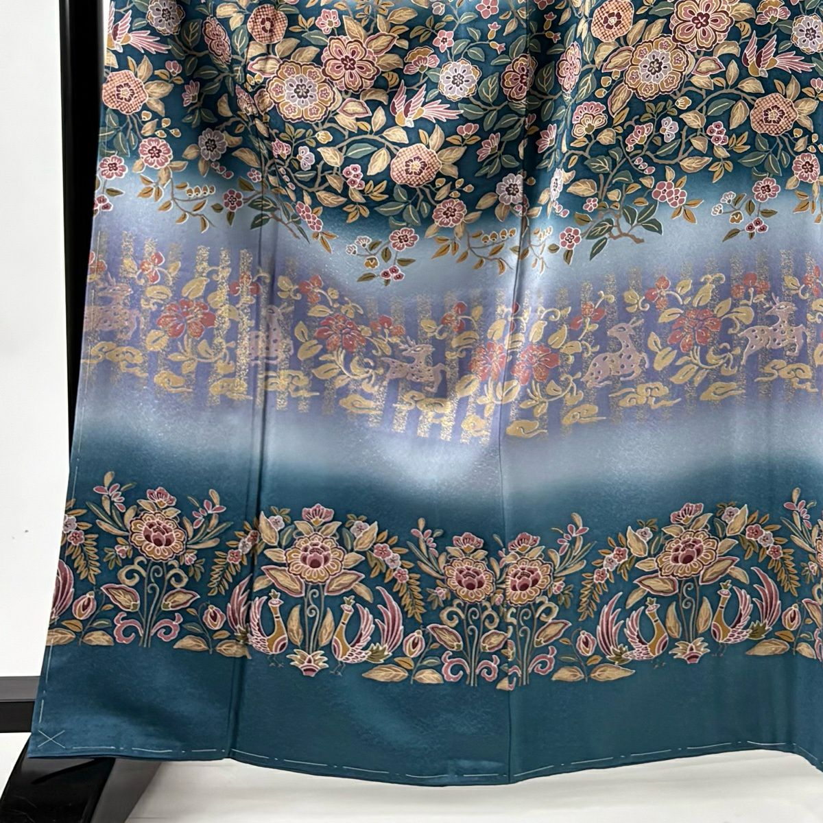 訪問服 身長163cm 袖長65.5cm M 雙層 草花紋紋 鳥 金彩裝飾 漸層 青灰 純蠶絲 名品級