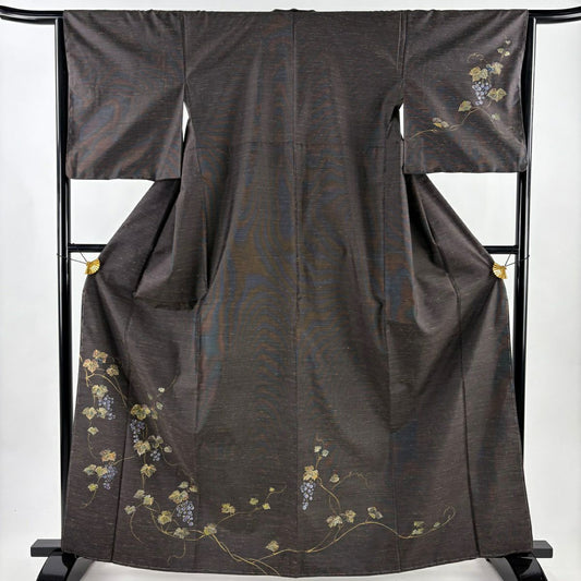 【美品】 付下 身長164cm 袖長63.5cm S 雙層 大島紬織地 證書齊全 葡萄 橫條 金銀彩 焦茶 純蠶絲 名品級