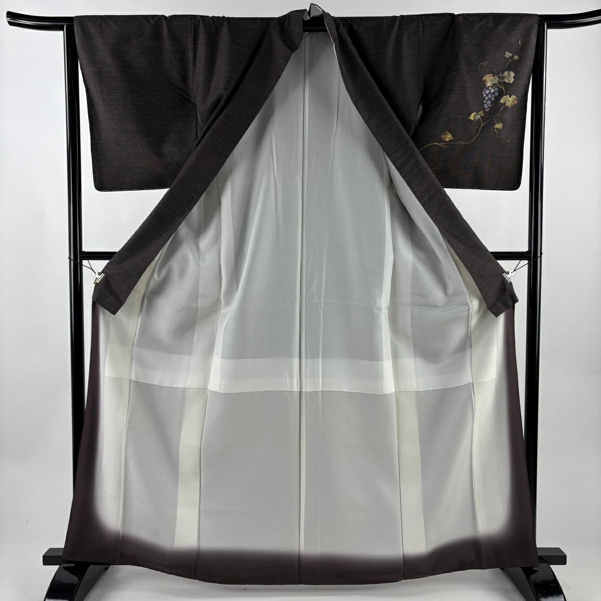 【美品】 付下 身長164cm 袖長63.5cm S 雙層 大島紬織地 證書齊全 葡萄 橫條 金銀彩 焦茶 純蠶絲 名品級