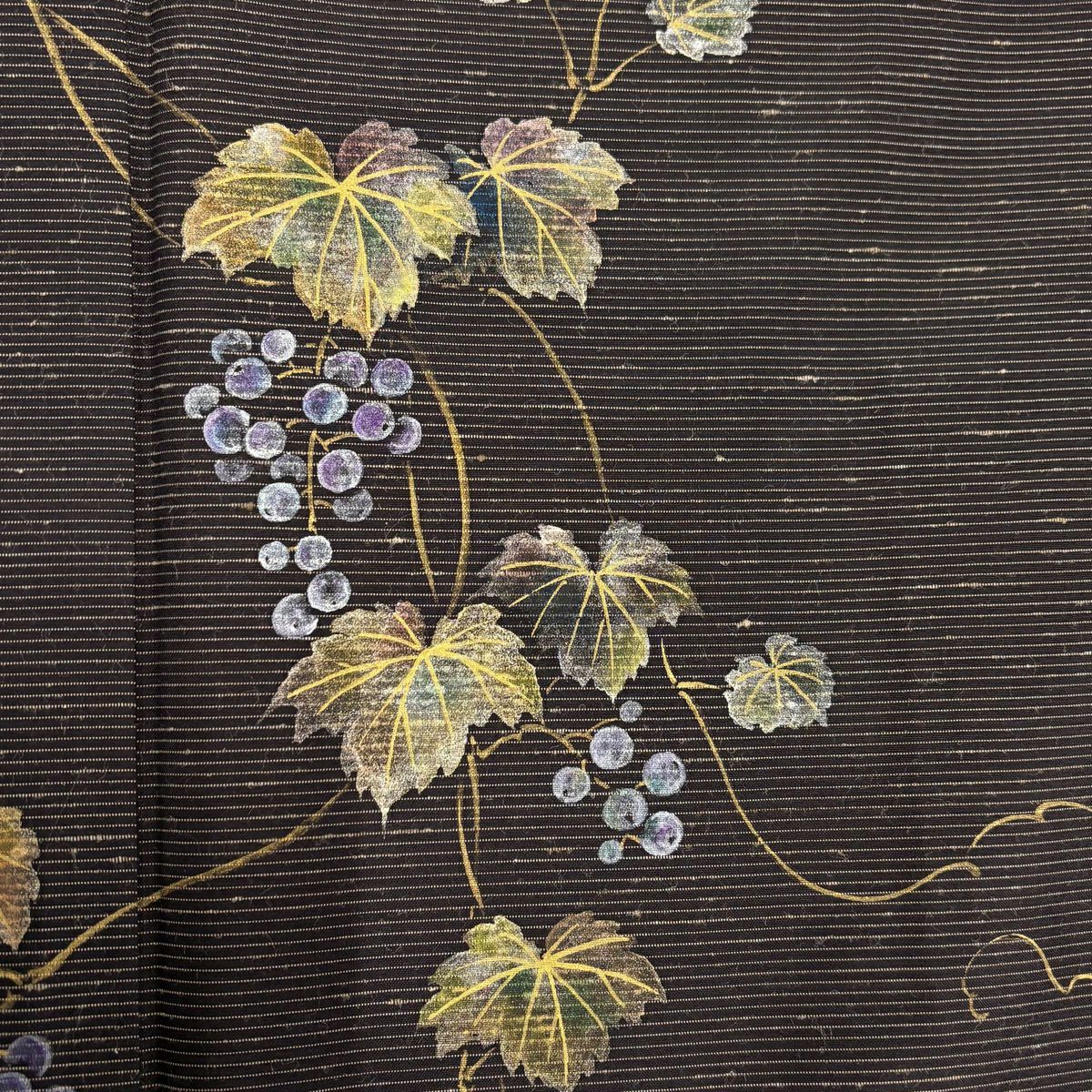 【美品】 付下 身長164cm 袖長63.5cm S 雙層 大島紬織地 證書齊全 葡萄 橫條 金銀彩 焦茶 純蠶絲 名品級