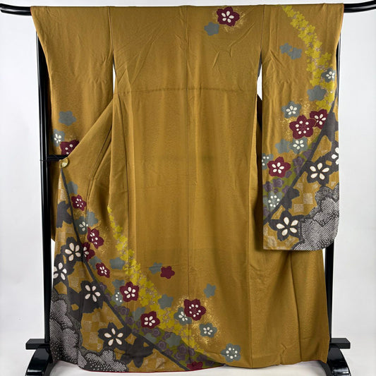 振袖禮服 身長168cm 袖長67.5cm L 雙層 樱花 市松樹 金絲 絞染 黃土 純蠶絲 名品級