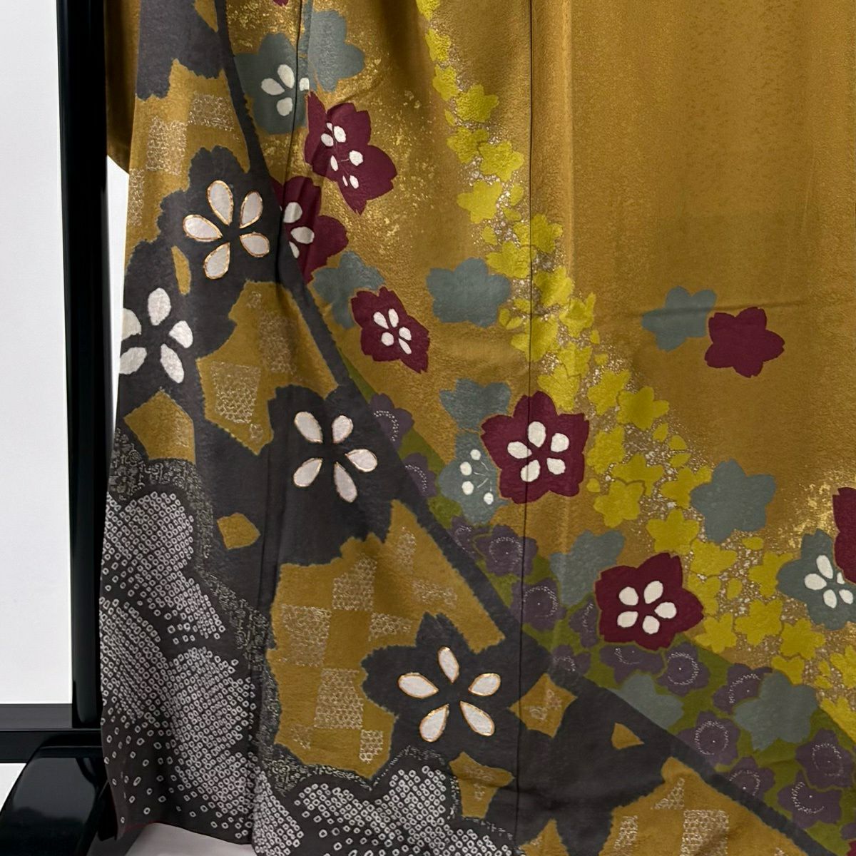 振袖禮服 身長168cm 袖長67.5cm L 雙層 樱花 市松樹 金絲 絞染 黃土 純蠶絲 名品級