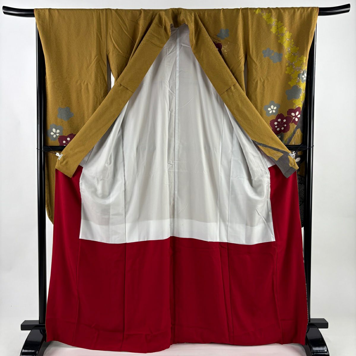 振袖禮服 身長168cm 袖長67.5cm L 雙層 樱花 市松樹 金絲 絞染 黃土 純蠶絲 名品級