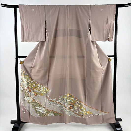 色留袖禮服 身長161cm 袖長62cm S 雙層 菊花 松樹 金絲 金銀彩 粉米色 純蠶絲 名品級 三つ紋