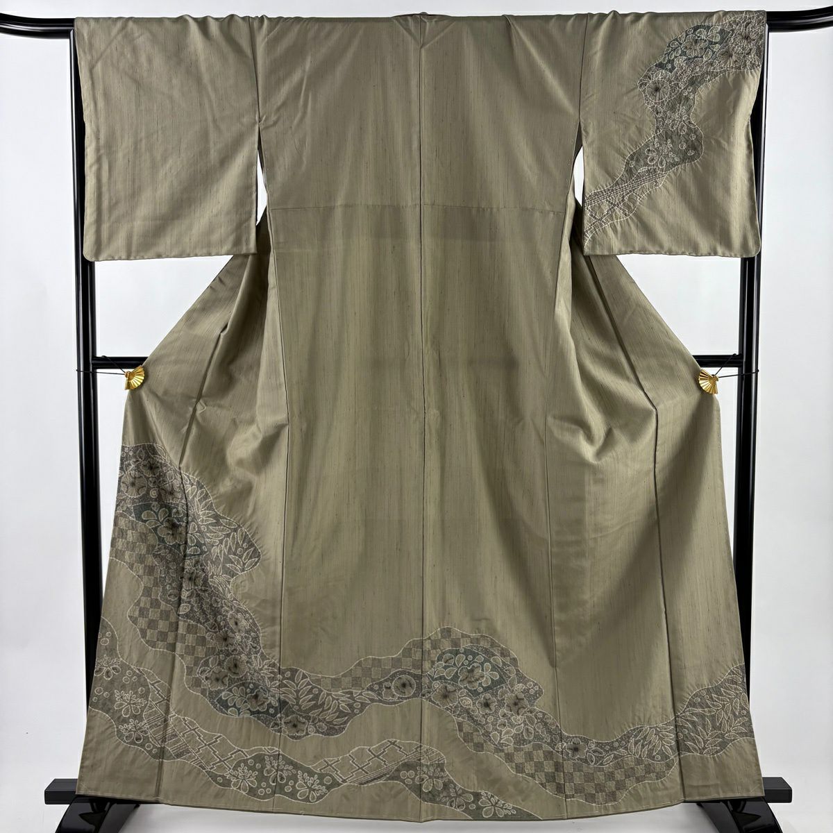 【美品】 付下 身長161cm 袖長66cm M 雙層 紬織織 辻花染 市松樹 絞染 灰綠 純蠶絲 名品級