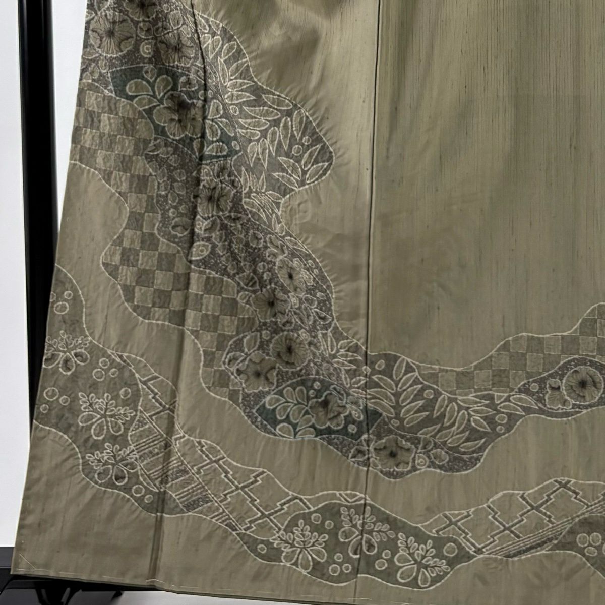 【美品】 付下 身長161cm 袖長66cm M 雙層 紬織織 辻花染 市松樹 絞染 灰綠 純蠶絲 名品級