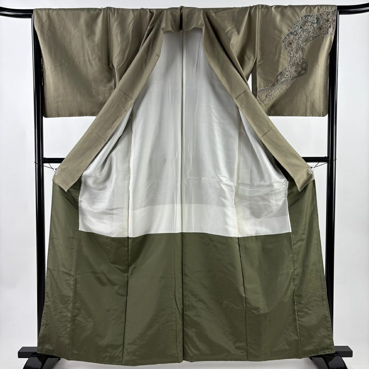 【美品】 付下 身長161cm 袖長66cm M 雙層 紬織織 辻花染 市松樹 絞染 灰綠 純蠶絲 名品級