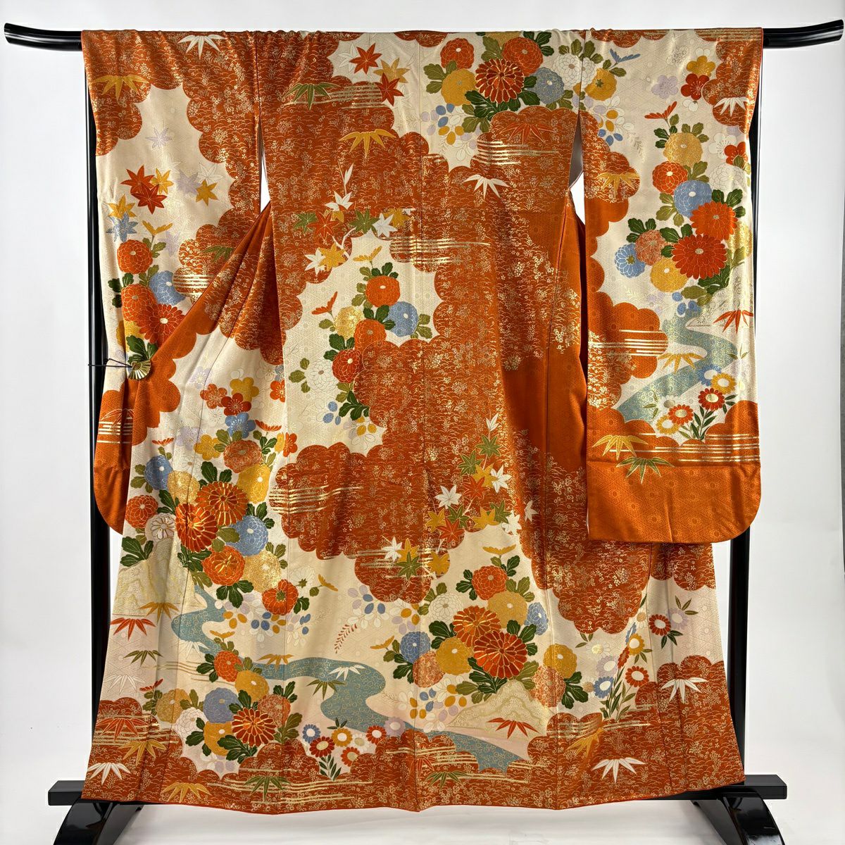 振袖禮服 身長159.5cm 袖長67cm M 雙層 菊花 雲紋 金絲 金銀彩 橙色 純蠶絲 名品級